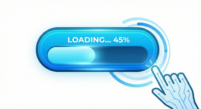 Modern loading bar with digital hand reaching to tap, symbolizing technology progress and internet download speed, a clean and vibrant design concept - Powered by Adobe