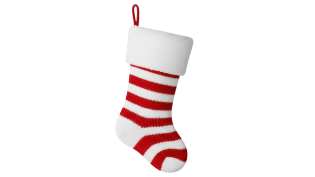 Striped Christmas stocking PNG isolated on transparent background, red and white holiday sock for festive decoration