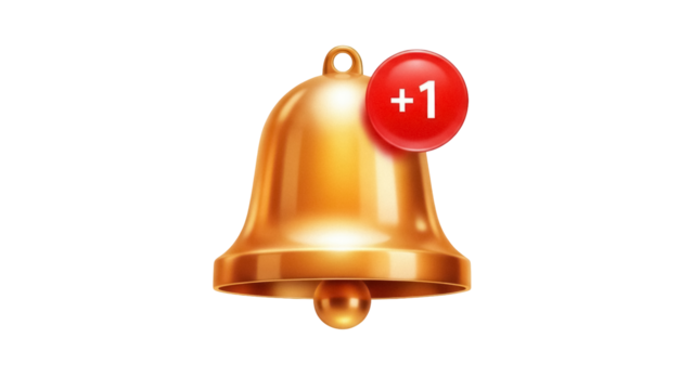 Golden notification bell with +1 isolated PNG on transparent background, social media alert icon for app and website design