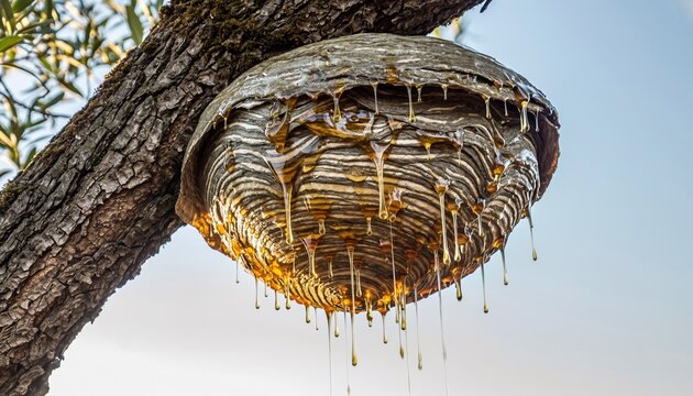 Large Paper Wasp Nest Dripping with Amber Colored Tree Sap on Branch