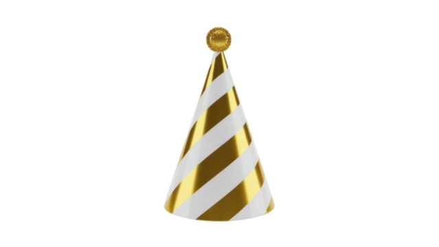Gold and white striped party hat PNG isolated on transparent background, festive celebration headwear for birthday or New Year s Eve
