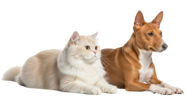 Cute cat and dog PNG isolated on transparent background, adorable pets lying down together for design and animal-themed projects
