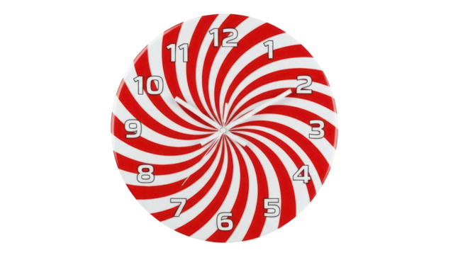 Red and white peppermint candy clock isolated PNG, spiral design with numbers on transparent background, festive holiday decoration