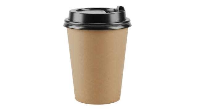 Disposable coffee cup with black lid isolated PNG, brown paper container for hot drinks on transparent background