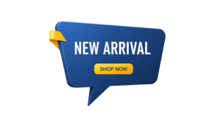 Blue speech bubble with new arrival text isolated PNG, promotional badge for online shop and marketing campaign on transparent background