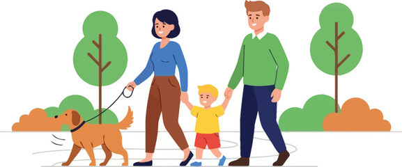 Happy family walking dog in park leisure outdoor activity parents child and pet enjoying nature scenery together isolated on white background