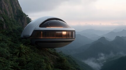 A futuristic, pod-like structure hovers above a lush, mountainous landscape, blending modern design with natural surroundings.
