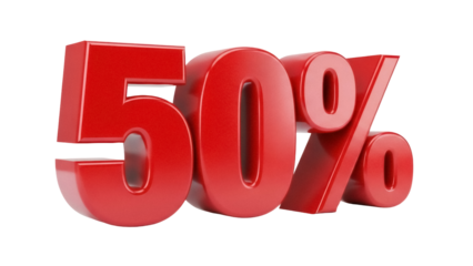 Shiny red 50 percent sign isolated PNG, promotional sale discount graphic for marketing campaigns and retail offers