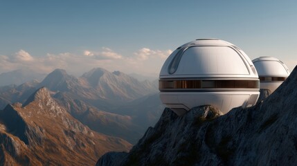 Futuristic spherical structures perched on rocky mountains, set against a backdrop of majestic peaks and clear skies.