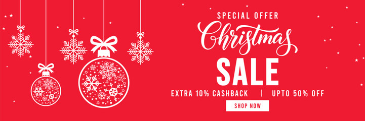 Festive red Christmas sale banner with hanging snowflake ornaments and baubles, elegant Christmas typography, special offer promotion with cashback and discount, ideal for holiday marketing and online