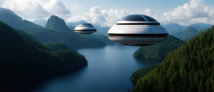 A futuristic landscape featuring flying saucers above a serene lake surrounded by dense forests and mountains.