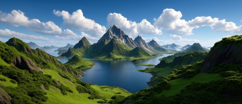 A breathtaking landscape featuring majestic mountains surrounded by lush greenery and a serene lake under a clear blue sky.