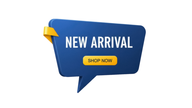 Blue speech bubble with new arrival text isolated PNG, promotional badge for online shop and marketing campaign on transparent background - Powered by Adobe