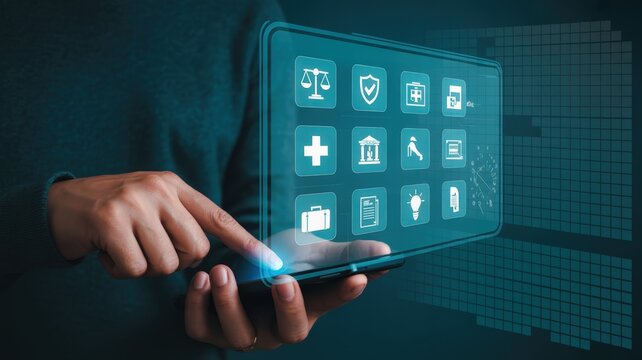 Person interacts with futuristic transparent device displaying various service icons