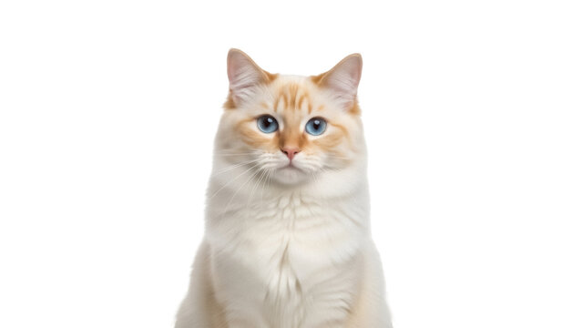 Flame Point Ragdoll cat PNG isolated on transparent background, beautiful feline with blue eyes and cream and orange fur, domestic pet