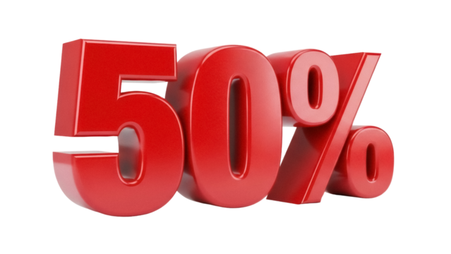 Shiny red 50 percent sign isolated PNG, promotional sale discount graphic for marketing campaigns and retail offers