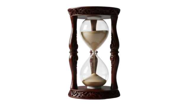 Elegant wooden hourglass with sand isolated PNG, vintage timer for measuring time on transparent background