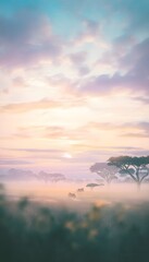 Naklejka premium Serene Serengeti sunrise blends anime style with tranquil plains a dreamy ethereal landscape vista