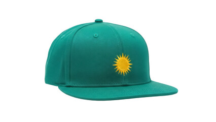 Green baseball cap with sun logo isolated PNG, stylish headwear for sports and casual fashion on transparent background