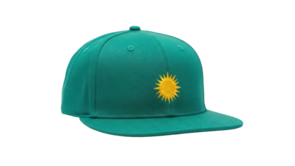 Green baseball cap with sun logo isolated PNG, stylish headwear for sports and casual fashion on transparent background