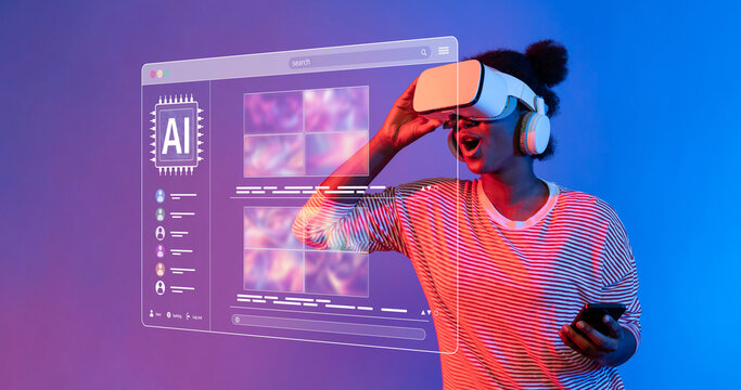 A young woman enthusiastically engages with a virtual reality headset, surrounded by colorful digital graphics showcasing generative AI concepts in a modern tech environment. XDMCP