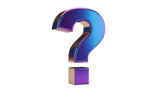 Iridescent question mark isolated PNG, 3D rendering of a reflective symbol for graphic design and educational materials