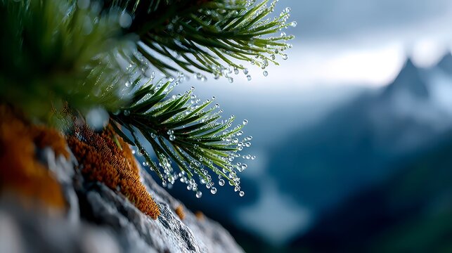 Close up of pine needles with dew drops on a rocky surface against a misty mountain landscape
