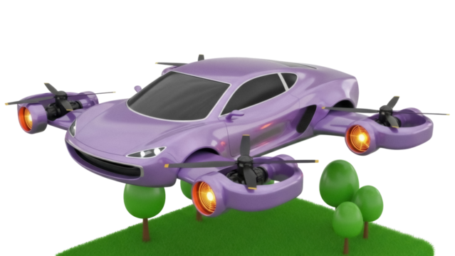 Futuristic purple flying car PNG isolated on transparent background, concept vehicle with propellers for future transportation