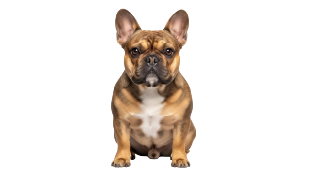 Adorable fawn French Bulldog isolated PNG, cute puppy with big ears sitting on transparent background for pet-related designs