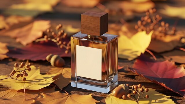 Perfume bottle with autumn leaves and acorns