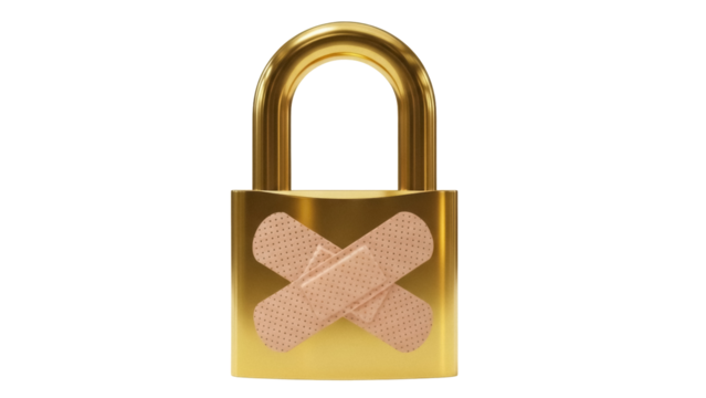 Golden padlock with crossed bandages isolated PNG, conceptual image of security vulnerability and weakness on transparent background