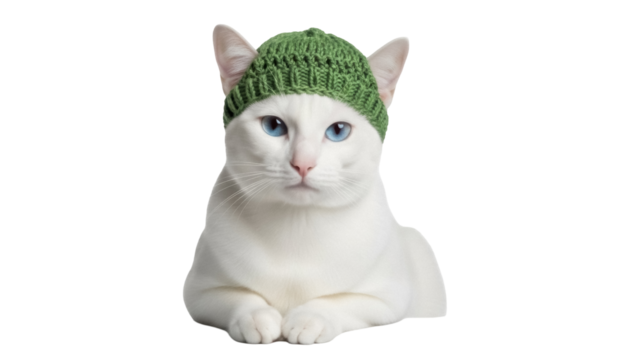 Adorable white cat with blue eyes wearing a green knitted hat isolated PNG, cute pet on transparent background