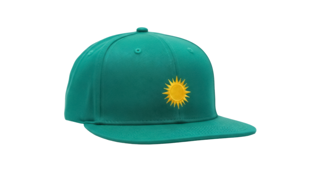 Green baseball cap with sun logo isolated PNG, stylish headwear for sports and casual fashion on transparent background