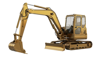 Gold excavator PNG isolated on transparent background, construction equipment for building and digging projects, heavy machinery vehicle