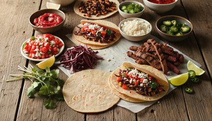 Top down shot of taco assembly line with fresh ingredients on table