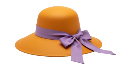 Elegant orange cloche hat with purple ribbon isolated PNG, vintage fashion headwear for women on transparent background