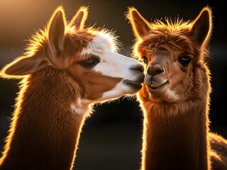 Fototapeta premium Captivating Close-up Photo of Two Alpacas' Faces Bathed in Golden Light, Displaying Gentle Affection