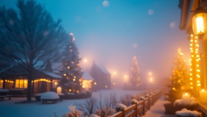 Generative AI captures a peaceful winter night, glowing lights on snow-covered trees, misty