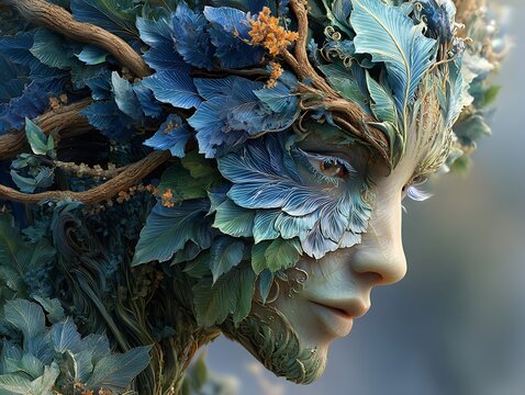 Iridescent humanoid with fractal-shaped leaves for eyes and glassy orchid texture