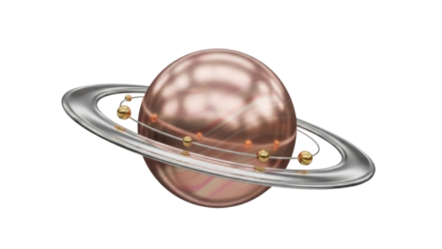 Fantasy planet with golden beads isolated PNG, decorative celestial body with rings on transparent background for space and science concepts