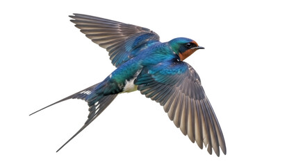 Barn swallow flying PNG isolated on transparent background, colorful bird with long tail feathers in flight, migratory animal