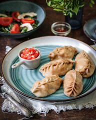 Panseared dumplings presented on colorful plate with tomato sauce