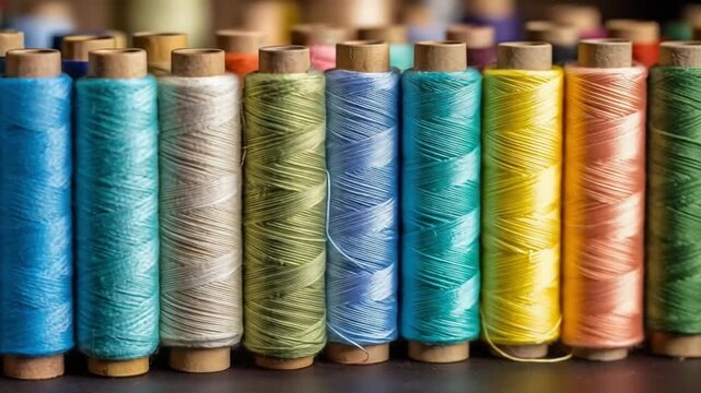 Close-up of vibrant thread spools in a rainbow row, wooden cores, glossy silky fibers vivid texture!