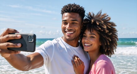 A happy young black couple taking a selfie on the beach. Smiling man and woman enjoying a summer vacation together. Love and travel concept