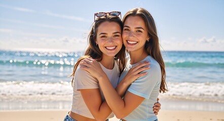 Happy twin sisters smiling and hugging on the beach. Portrait of two young women enjoying a summer vacation by the ocean