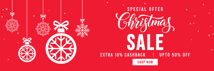 Festive red Christmas sale banner with hanging snowflake ornaments and baubles, elegant Christmas typography, special offer promotion with cashback and discount, ideal for holiday marketing and online
