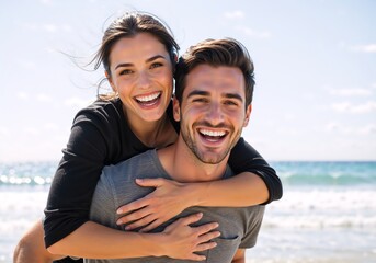 Obraz premium A happy young couple enjoys a piggyback ride on the beach. A smiling man and woman look at the camera during a summer vacation