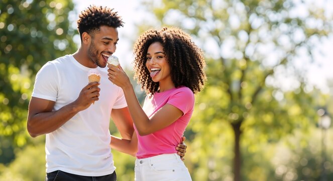 Playful young black couple sharing an ice cream cone in a summer park. Happy man and woman enjoying a romantic date outdoors