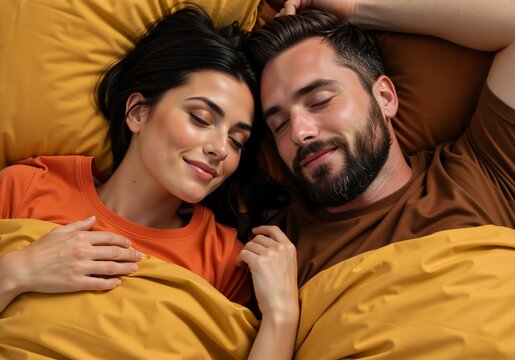 A happy young couple sleeping together in a comfortable bed. Man and woman resting peacefully with smiles on their faces. Love and relaxation concept - Powered by Adobe