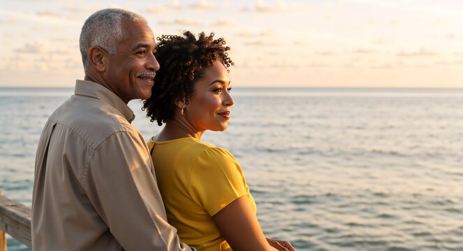 Mature african american couple embracing by the ocean at sunset. Senior man and woman looking towards the future together. Retirement and life planning concept
